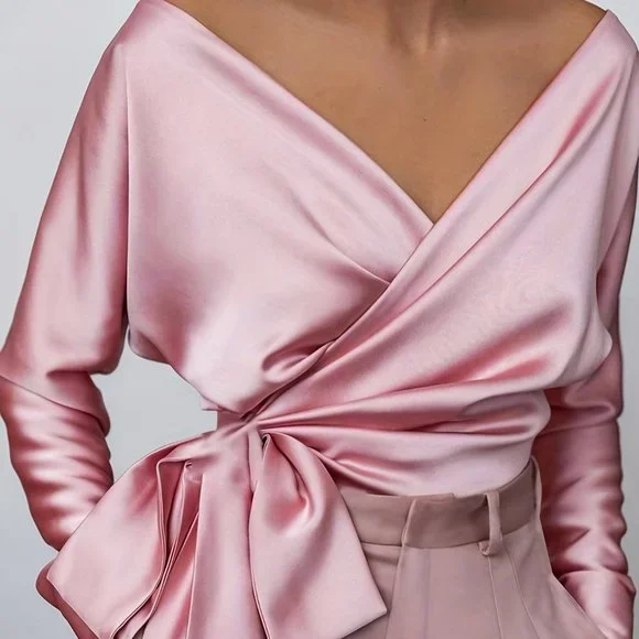 Blush Pink Satin Wrap Blouse with Bow & Brooch – Elegant Off-Shoulder Top - Picture 2 of 11